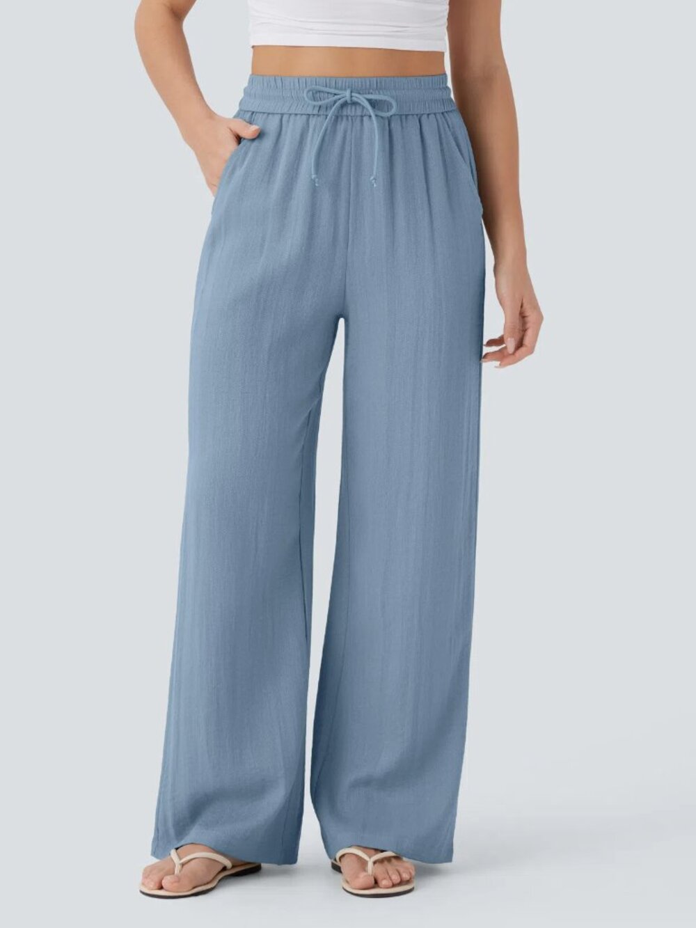 Halara High Waisted Drawstring Linen-Feel Wide Leg Pants Baggy Large L Blue NWT